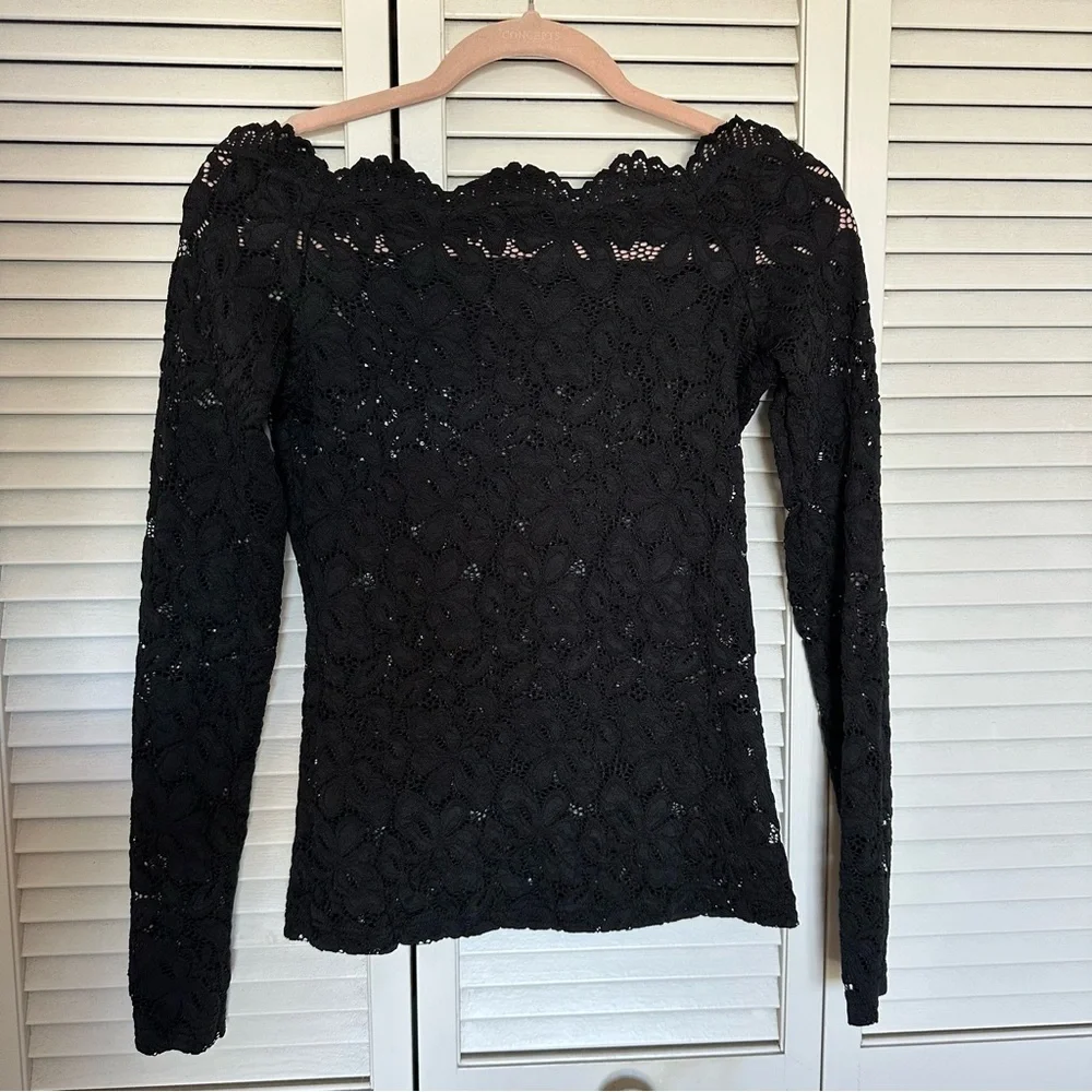 Sheer Black Lace Long Sleeve Top Floral Scalloped Neck Size S - Picture 3 of 8